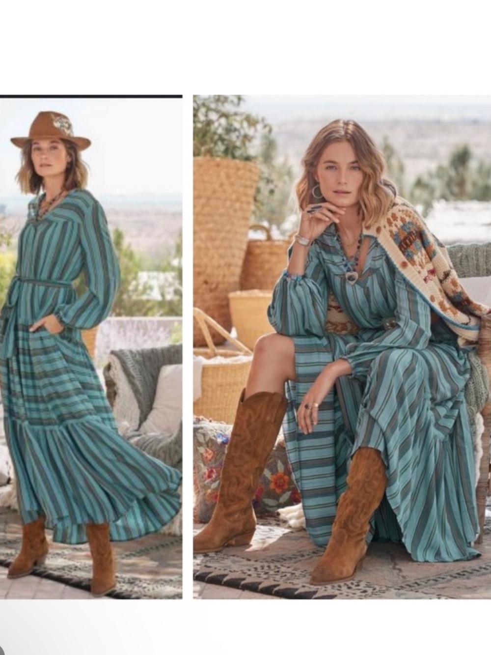 Sundance Rooney Tiered Striped Maxi Dress Boho Teal Blue Medium